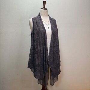 LOGO Lavish Asymmetrical Boho Sheer Lace Open Waterfall Gray Vest Women Large